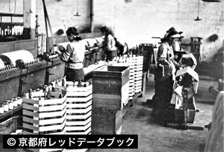 学徒動員。京都織物の工場で働く精華高等女学校生