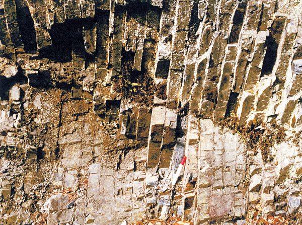 京都市右京区保津峡のチャート（三畳紀中世）。 すでにコンクリートによって覆われている。（1986年撮影）