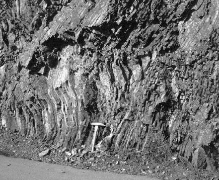 京都市右京区保津峡壁岩のチャート。2～3cmで成層し、褶曲している