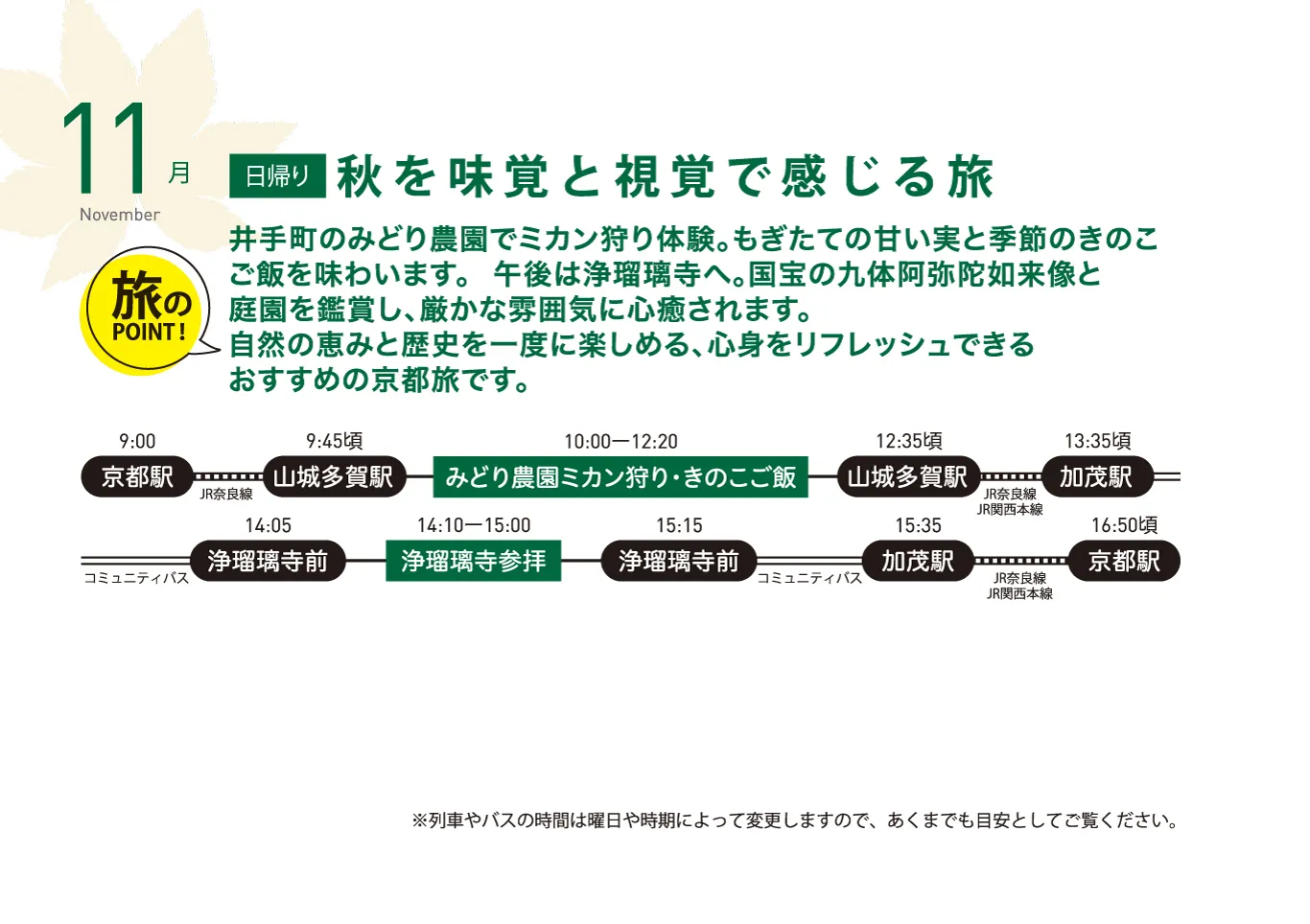 春夏秋冬ゆるっとホンマのきょうと巡り　11月　旅行　タイムスケジュール