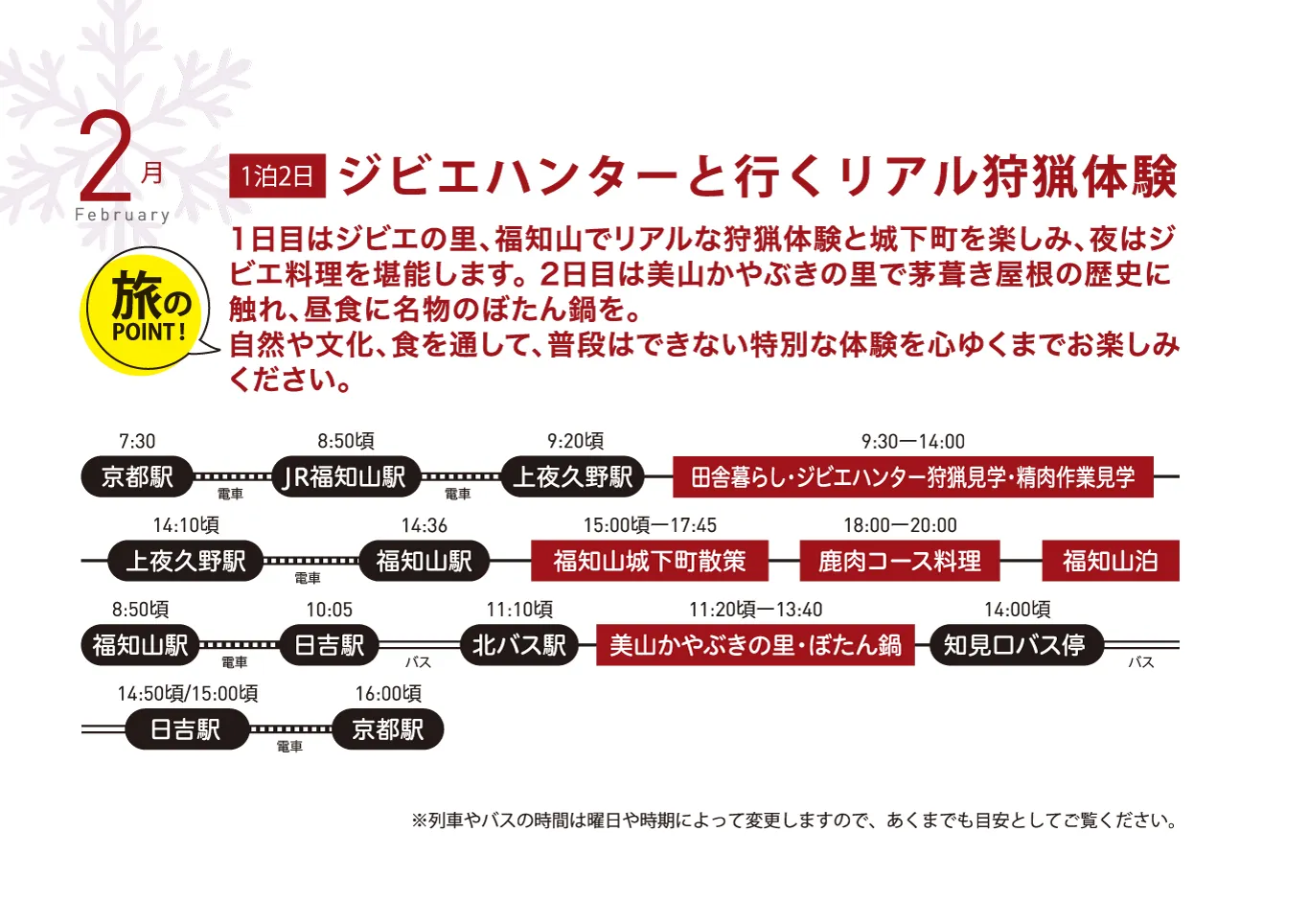 春夏秋冬ゆるっとホンマのきょうと巡り　2月　旅行　タイムスケジュール