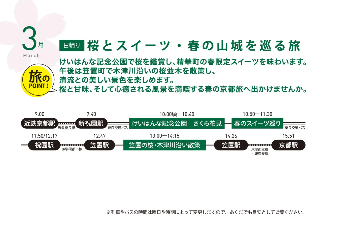 春夏秋冬ゆるっとホンマのきょうと巡り　3月　旅行　タイムスケジュール
