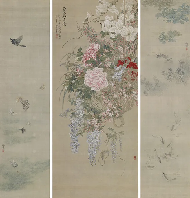 玉堂富貴・遊蝶・藻魚図