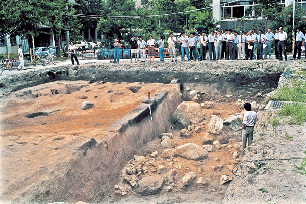 京都大学北部構内の弥生前期の土石流堆積物1981年8月26日埋文研現地説明会、北西を見る。撮影 石田志朗