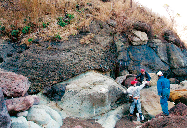 五色浜上の崖を北から見る。左（東）に傾斜する円礫岩層と下の凝灰岩層。2013年3月17日　松原典孝氏撮影