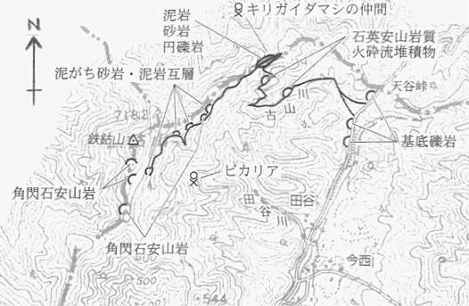 夜久野町北部の地形図　ビカリア産地を示す