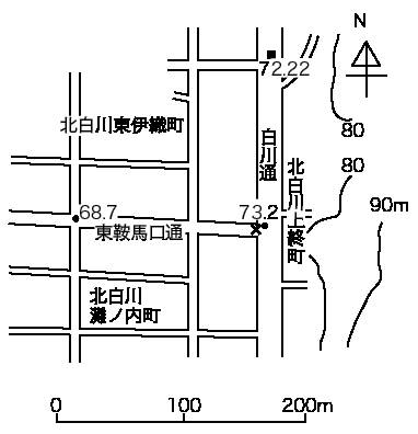 北白川上終町の白川通り東西工事の位置を示す