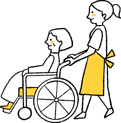 介護士がご老人の車椅子を押すイラスト