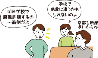 明日学校で避難訓練するの…面倒だよ 学校で地震に遭うかもしれないのよ 京都も断層多いからね