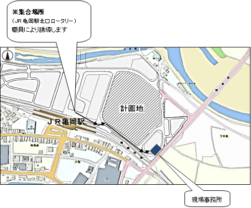 地図;集合場所（JR亀岡駅北口ロータリー）職員により誘導します。