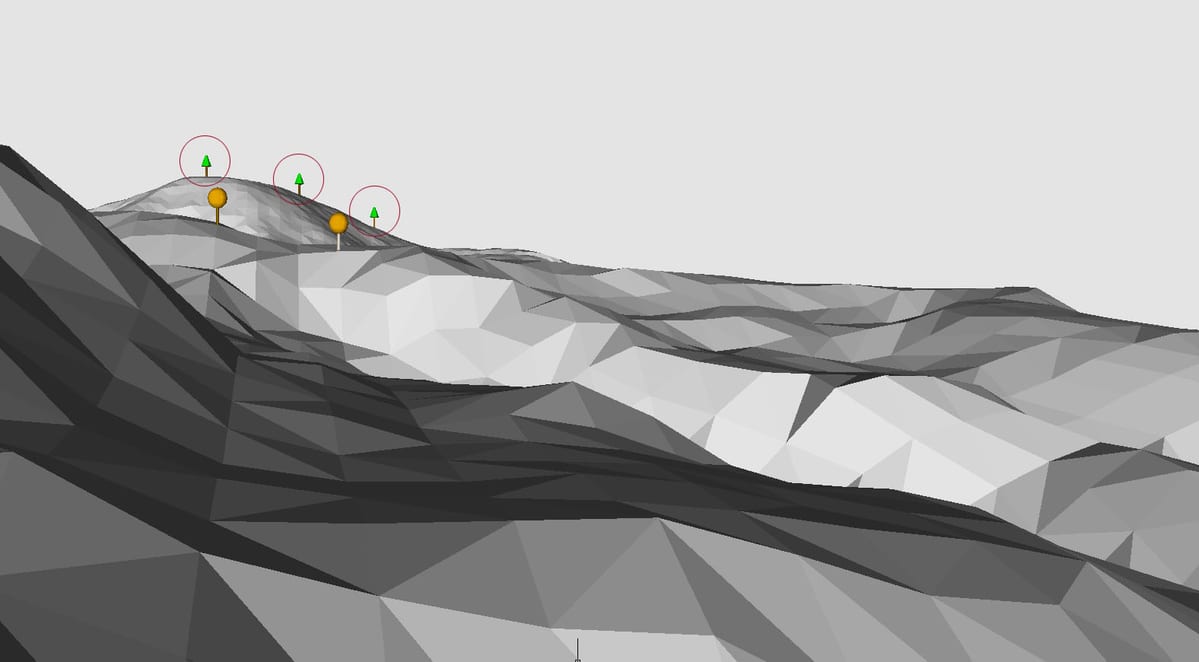 B地点から見た現況地形上に数本の指標樹木を置いたモデル（AutoCADによる）