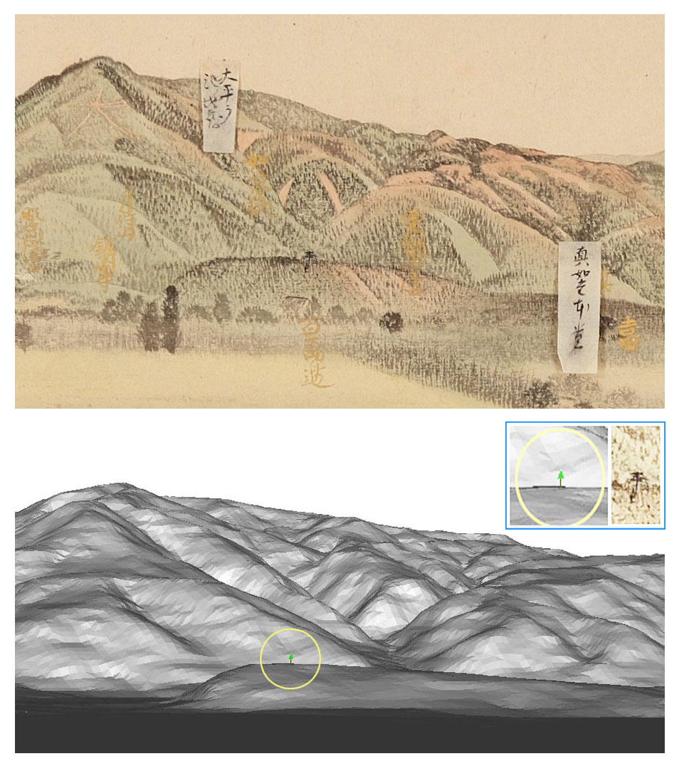 図33 上は「東山三十六峯図巻」（大文字山とその少し南方付近；下方は吉田山付近）、下はAutoCADによる現況地形モデル