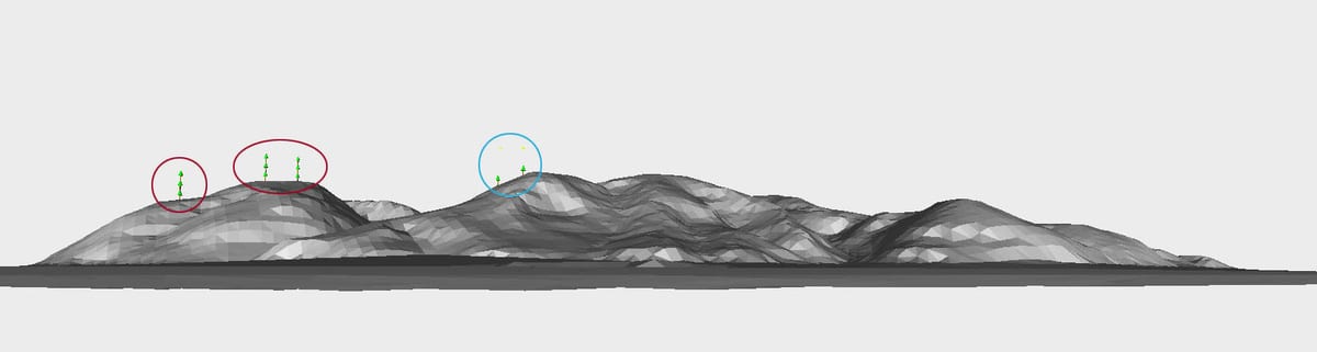 現況地形上に数本の指標樹木を置いたモデル（AutoCADによる）