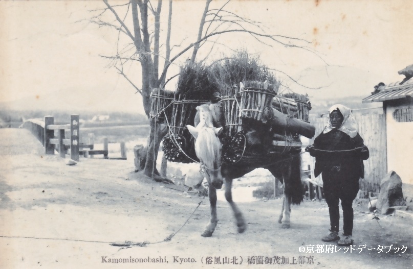 写真9　背にたきぎを載せた馬を牽く女性。上賀茂の御薗橋東詰。1912年以前。