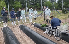 乗用作業車を使った作業を興味深く見つる参加者