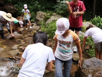 生き物調査中の児童たち2