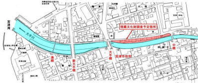 埋蔵文化財調査を行う対象区間を示した位置図です。