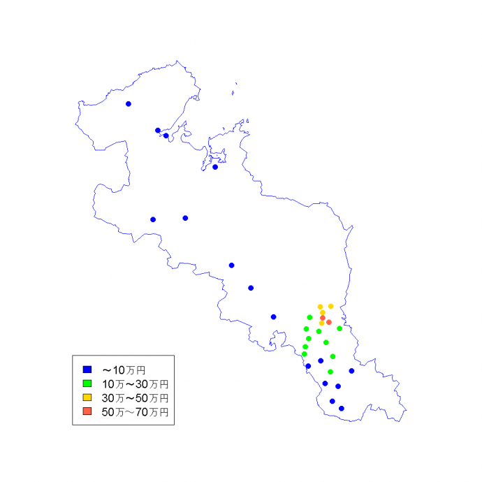 京都府の行政区域ごとの地価公示価格の中央値分布図