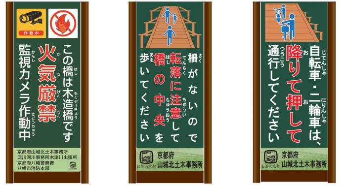 流れ橋周辺に設置している注意喚起看板