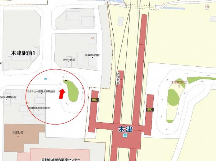 地図：JR木津駅西口、バス停車場所